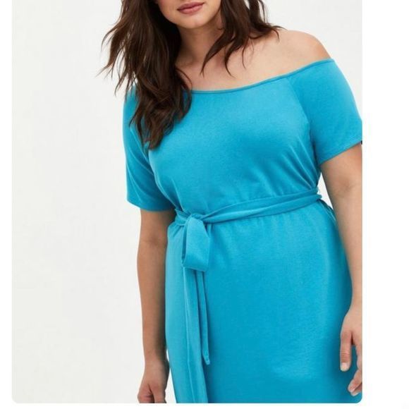 NWT Torrid Aqua Blue Lightweight French Terry Off Shoulder T Shirt Belt Dress 3X - Picture 2 of 9
